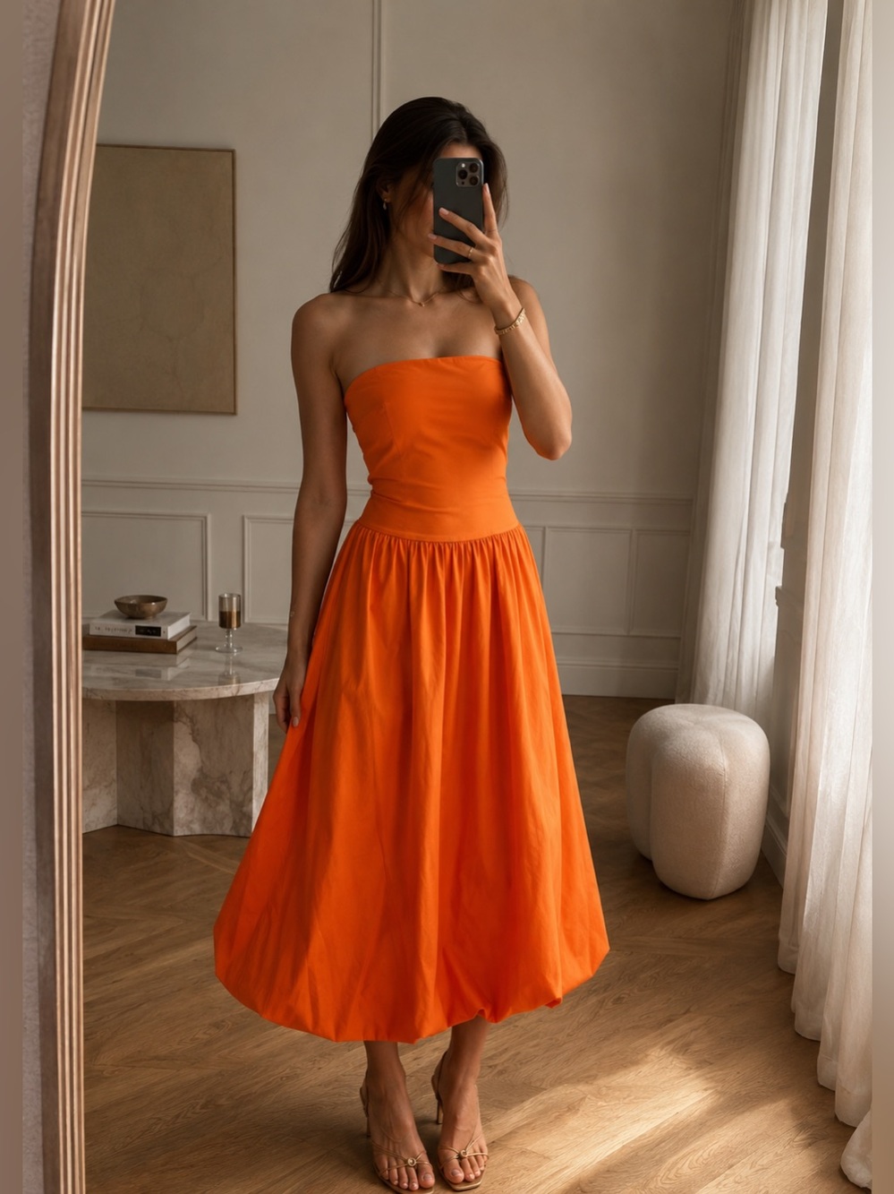 Mango Orange Balloon Midi Dress XS | Strapless Spaghetti Strap Bubble Hem